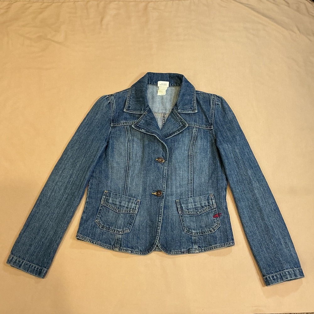 O'Neill Womens Denim Blazer Jacket Medium Wash Blue Two Button Logo Size M